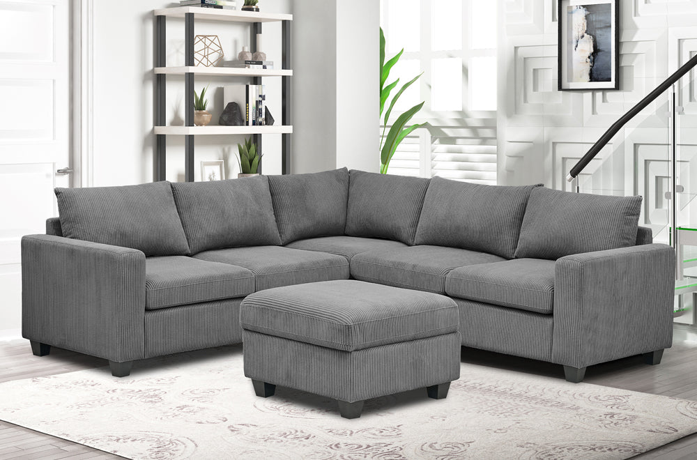 Grey Corduroy Sectional with Ottoman - KF Confort