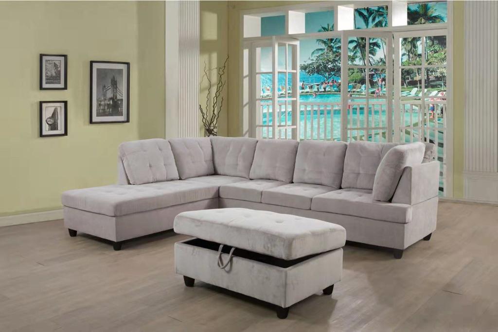 Light Beige Sectional with Ottoman - KF Confort