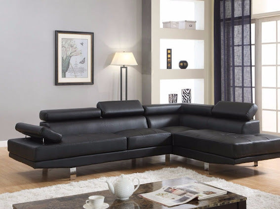 Black Leather-Look Sectional with Headrests - KF Confort