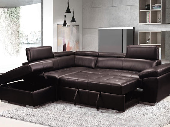 Black Leather-Look Sleeper Sectional - KF Confort